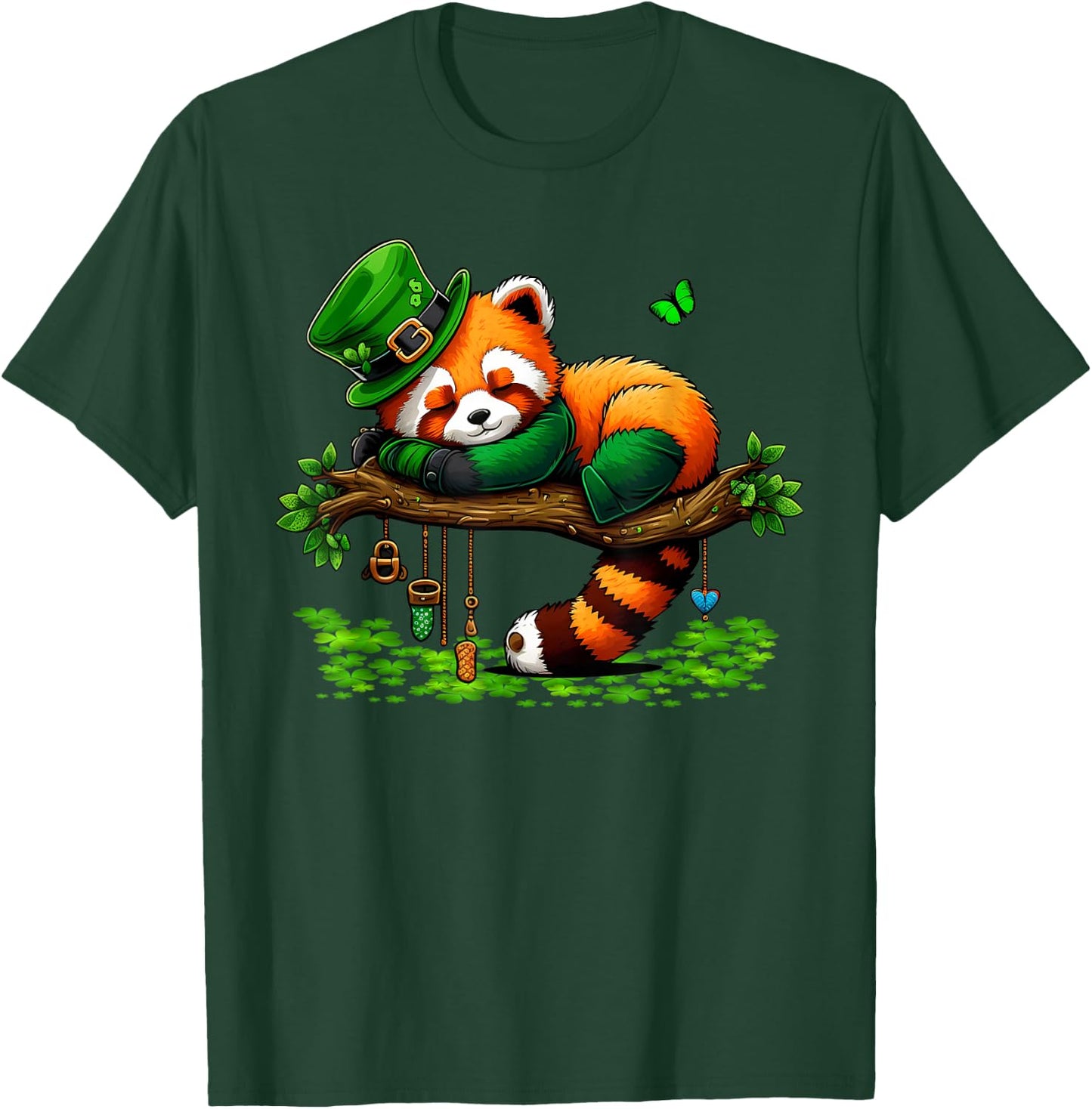 St Patricks Day Lazy Red Panda Shamrock Leprechaun Hat Panda T-Shirt - T-Shirt | Forest