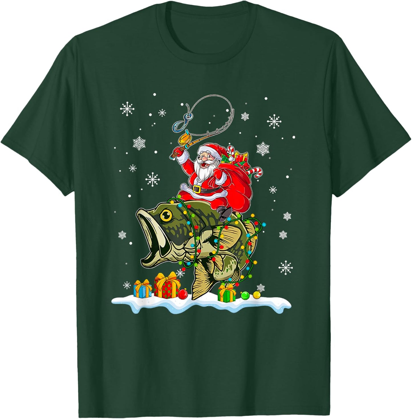 Christmas Bass Fishing Funny Santa Riding Fish Fishermen PJ T-Shirt - T-Shirt | Forest