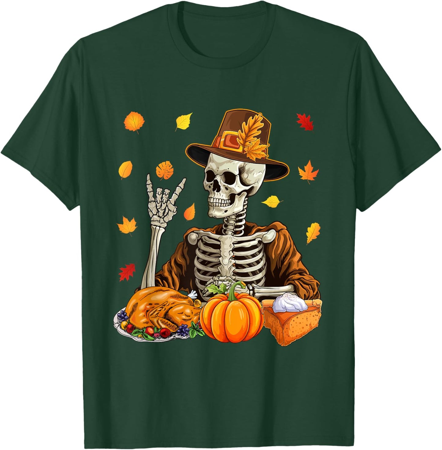 Thanksgiving X-ray Skeleton Funny Rock Hand Fall Leaves T-Shirt - T-Shirt | Forest