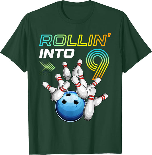 Rollin Into 9 Retro Bowling Birthday Party 9th Birthday T-Shirt - T-Shirt | Forest