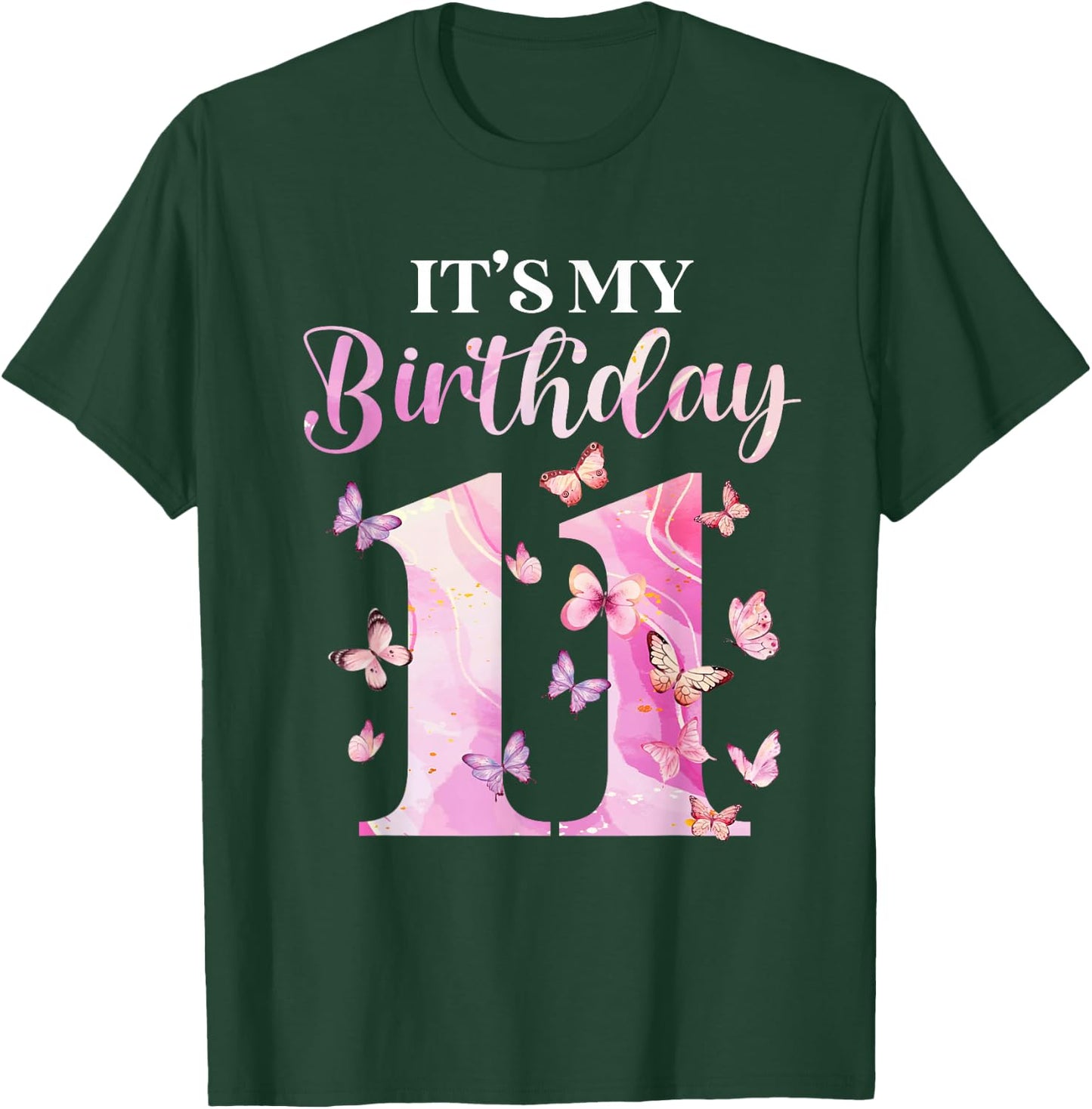Butterfly 11th Birthday Outfit 11 Years Old Girl Kids Cute T-Shirt - T-Shirt | Forest