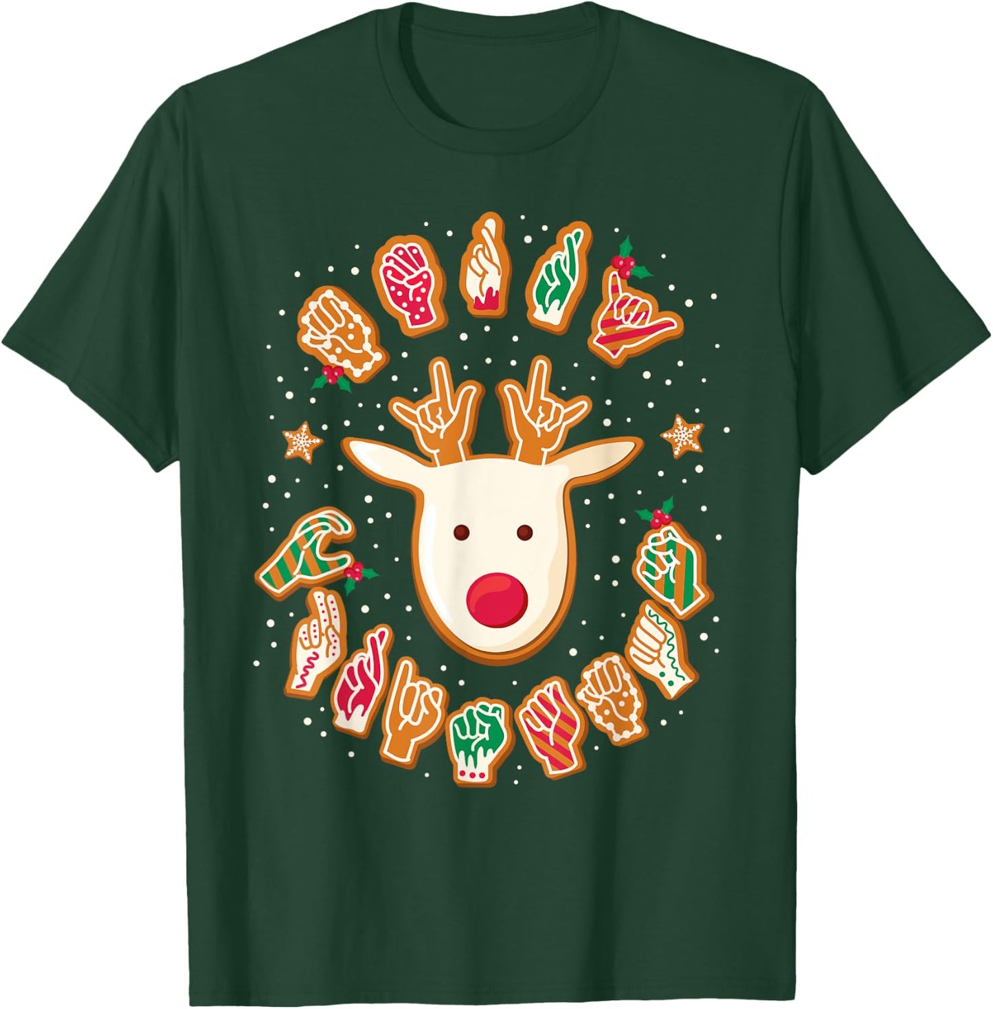 ASL Christmas Reindeer American Sign Language Gingerbread T-Shirt - T-Shirt | Forest