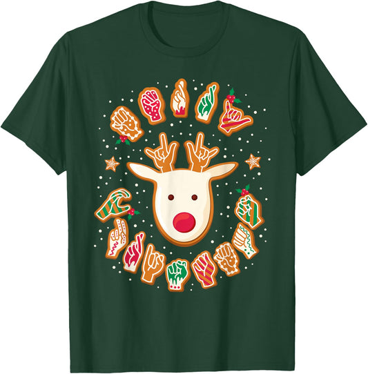 ASL Christmas Reindeer American Sign Language Gingerbread T-Shirt - T-Shirt | Forest