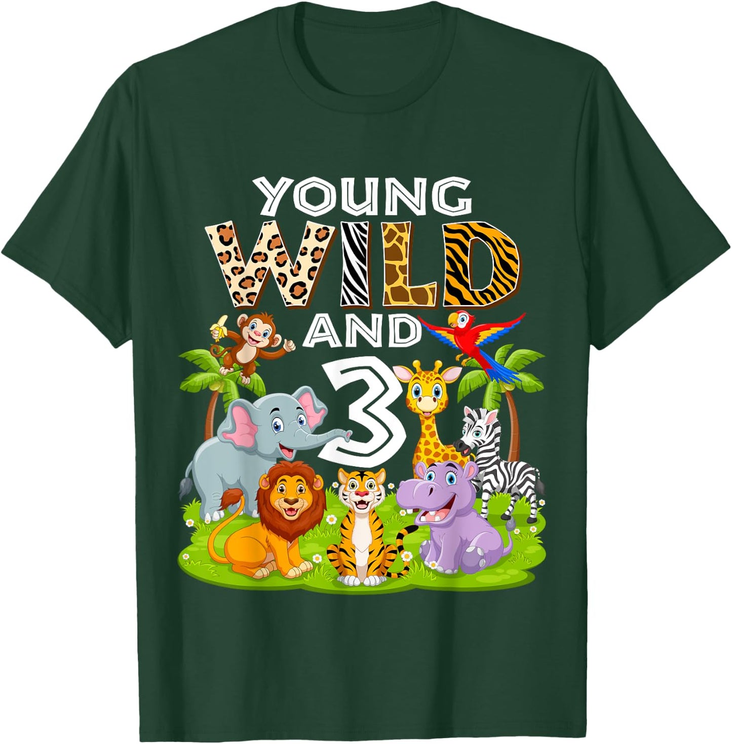 Young Wild and 3 Zoo 3rd Birthday Animals Jungle Safari Kids T-Shirt - T-Shirt | Forest