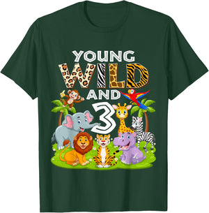Young Wild and 3 Zoo 3rd Birthday Animals Jungle Safari Kids T-Shirt - T-Shirt | Forest