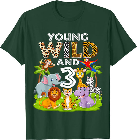 Young Wild and 3 Zoo 3rd Birthday Animals Jungle Safari Kids T-Shirt - T-Shirt | Forest