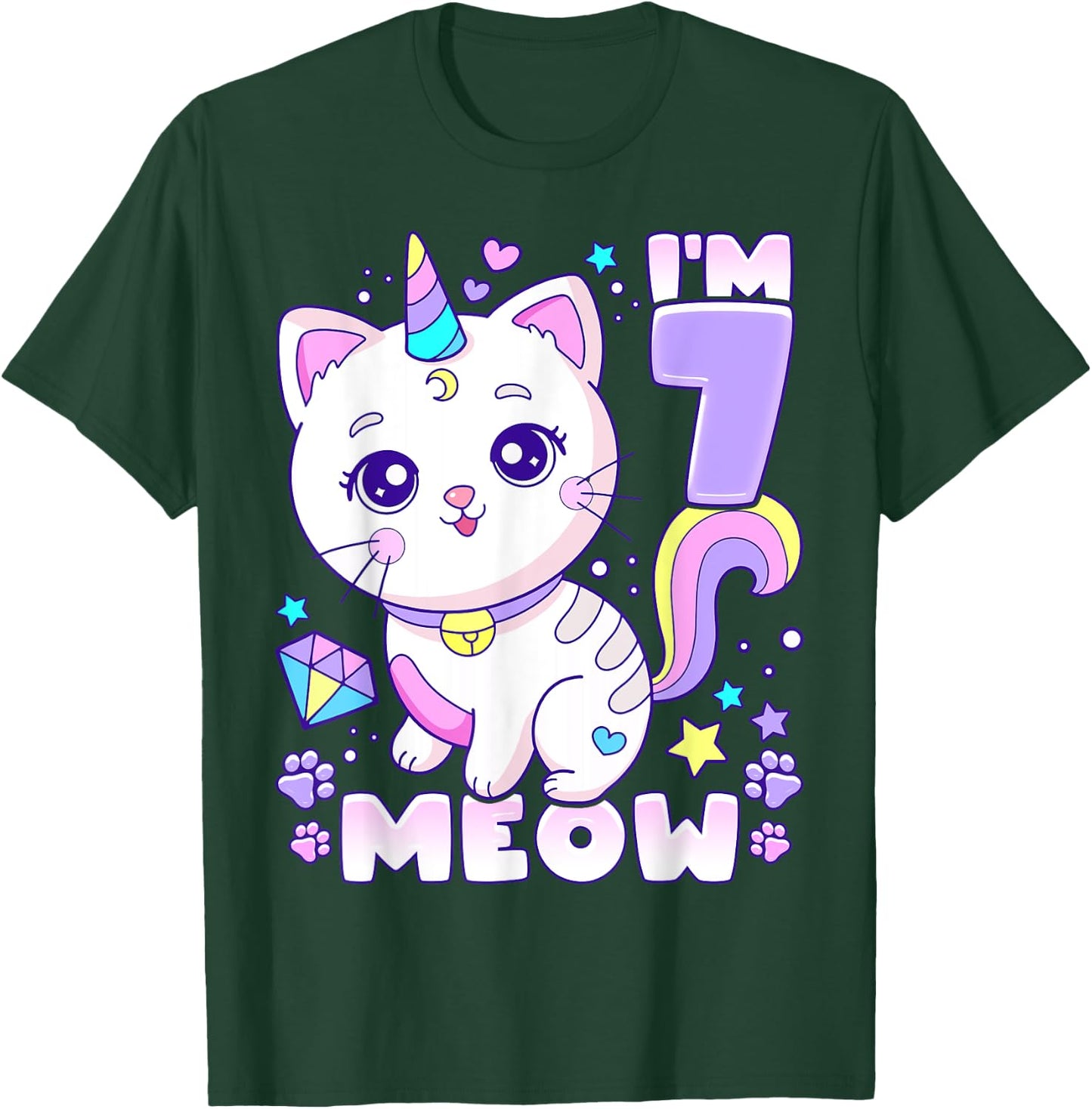 Birthday girl 7 years old, cat, unicorn, 7th birthday T-Shirt - T-Shirt | Forest