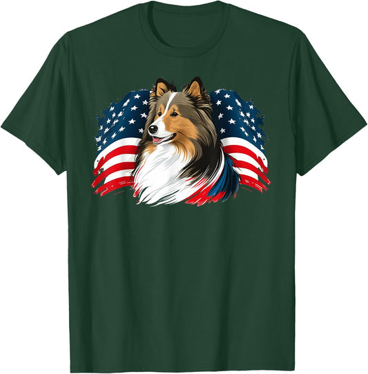USA 4th Of July Sheltie Patriotic American Shetland Sheepdog Women Kids Men T-Shirt - T-Shirt | Forest
