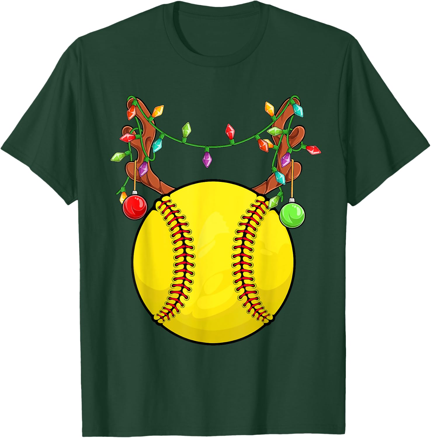 Softball Ball Reindeer Antler Christmas Ornament Pajama Teen T-Shirt - T-Shirt | Forest