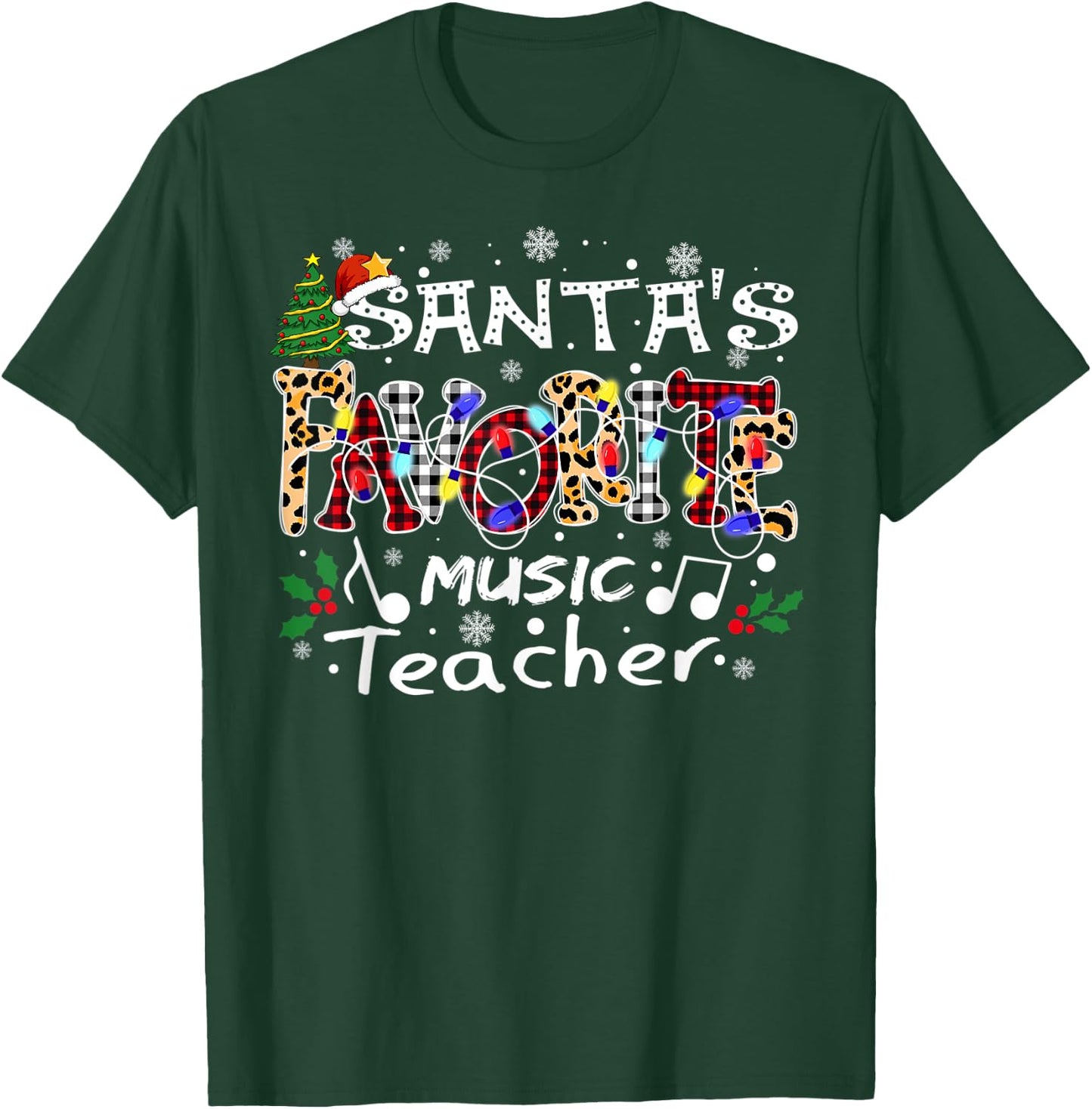 Merry Christmas Santa's Favorite Music Teacher Xmas Lights T-Shirt - T-Shirt | Forest