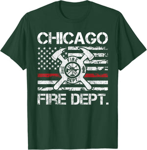 Chicago Illinois Fire Department Thin Red Line Fireman T-Shirt - T-Shirt | Forest