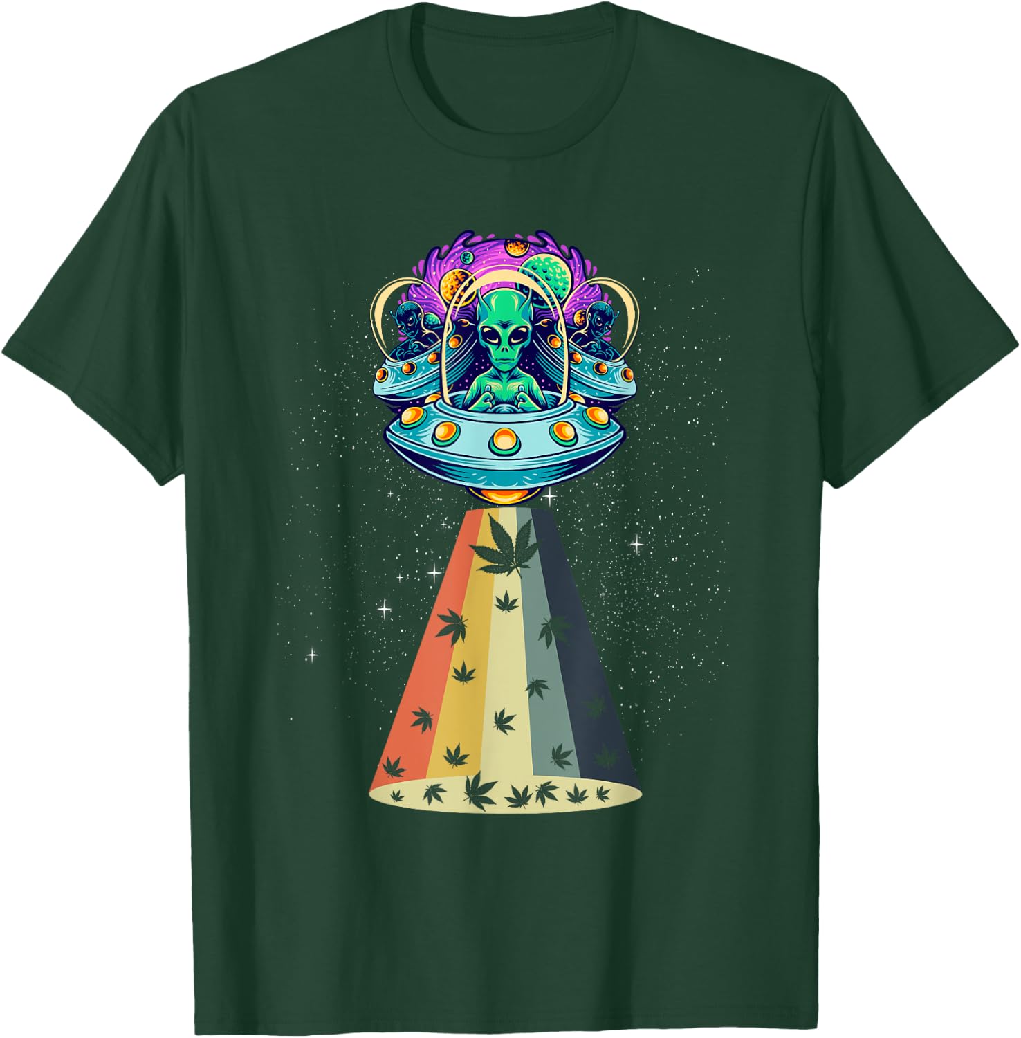 Vintage Alien Weed Pot Leaf UFO Abduction Marijuana T-Shirt - T-Shirt | Forest