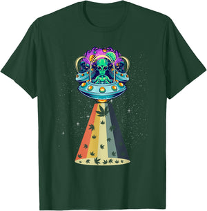 Vintage Alien Weed Pot Leaf UFO Abduction Marijuana T-Shirt - T-Shirt | Forest