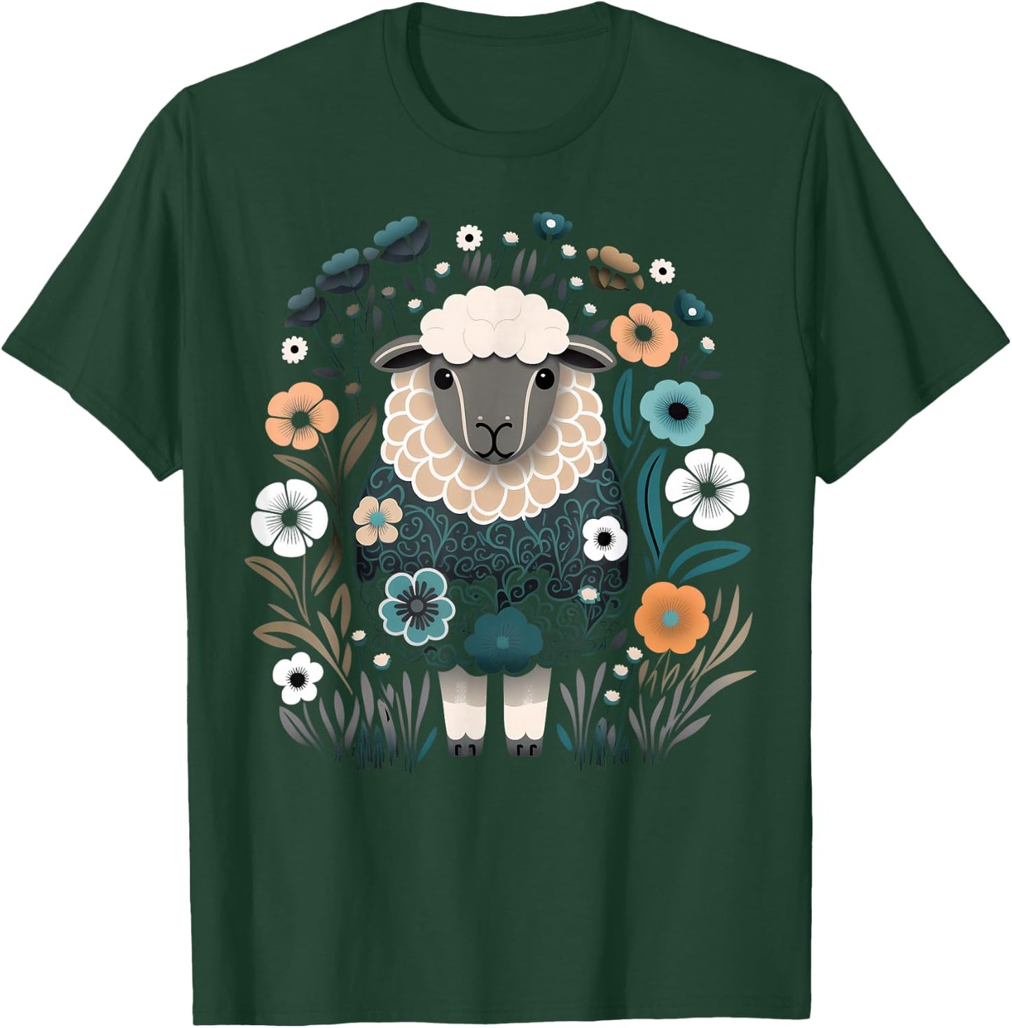 Cute Sheep Floral Colorful Flowers in the Garden Black T-Shirt - T-Shirt | Forest