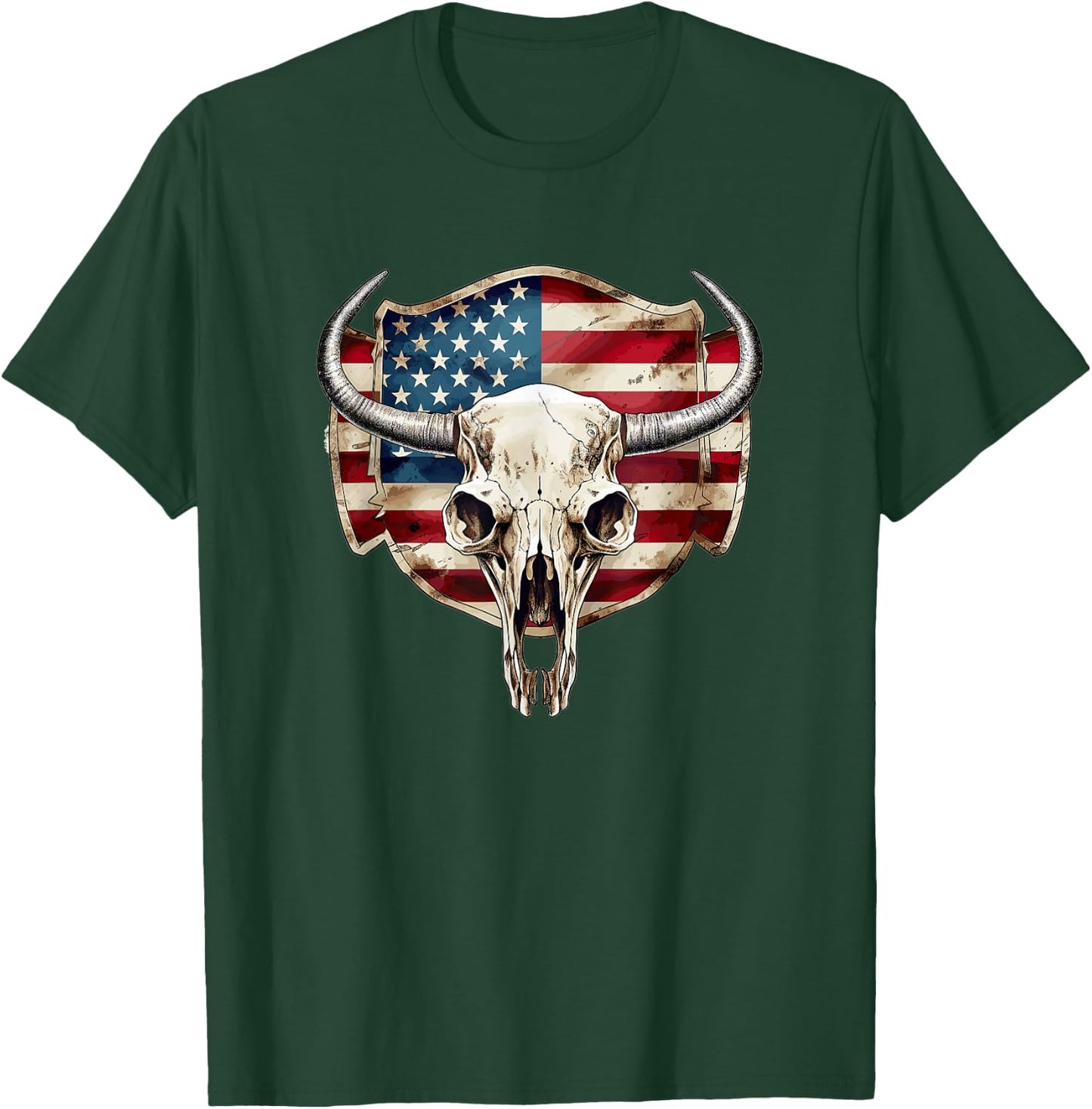 Vintage Cow Bull Cattle Skull Head Western Patriotic US-Flag Women Men T-Shirt - T-Shirt | Forest