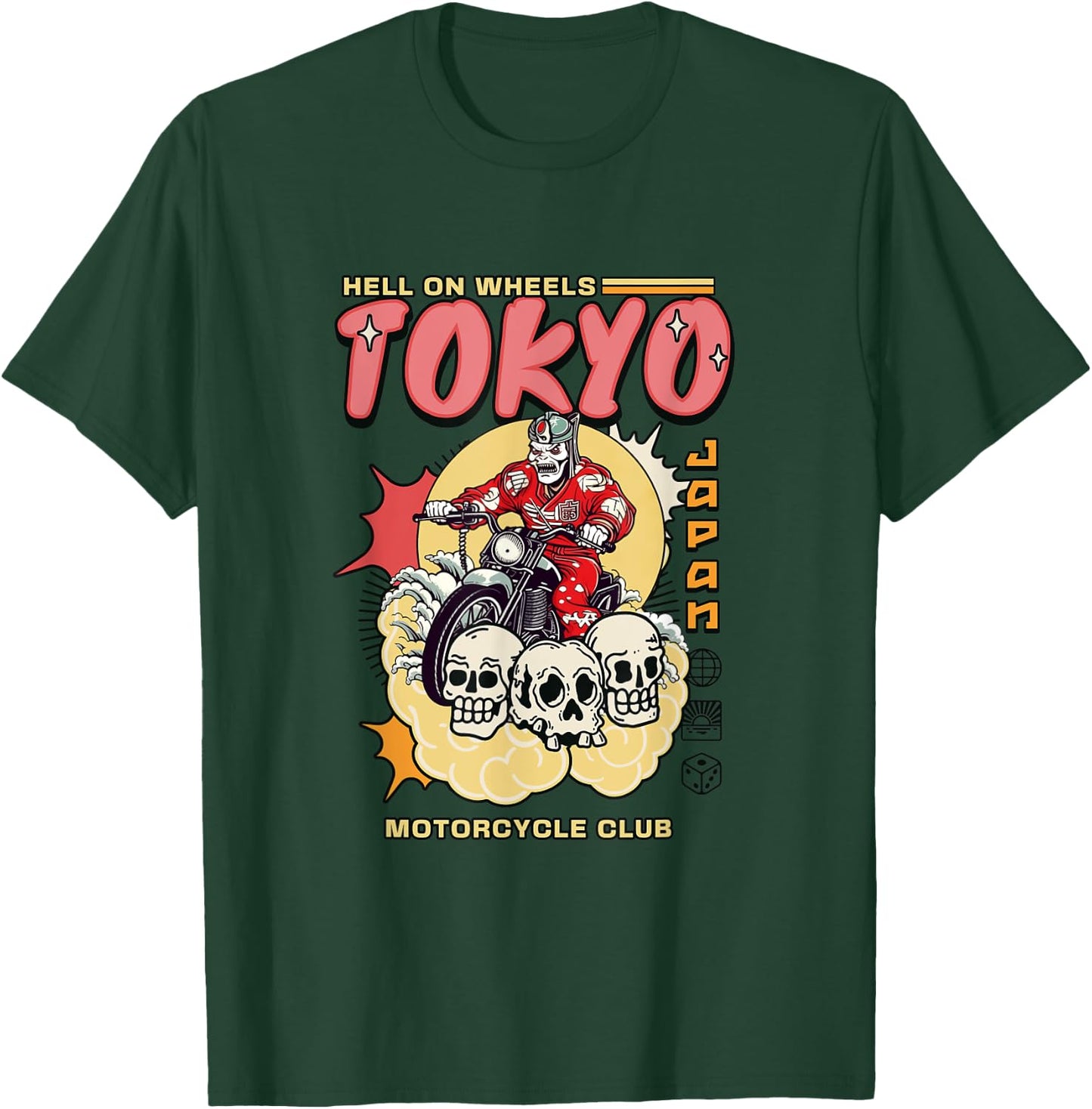 Tokyo Japan Motorcycle Club Biker MC Wheels Retro Skulls T-Shirt - T-Shirt | Forest