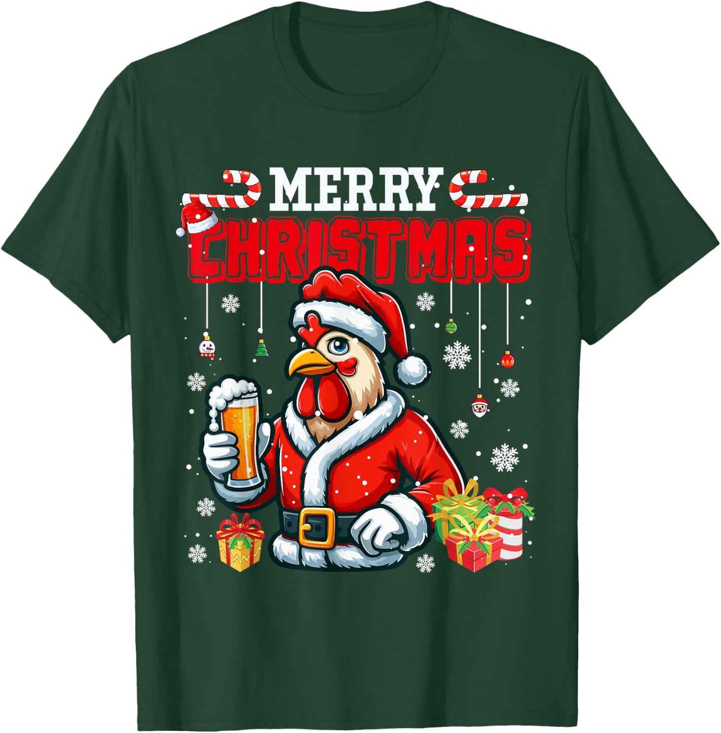 Merry Christmas Santa Rooster Chicken Drinking Beer Farmer T-Shirt - T-Shirt | Forest