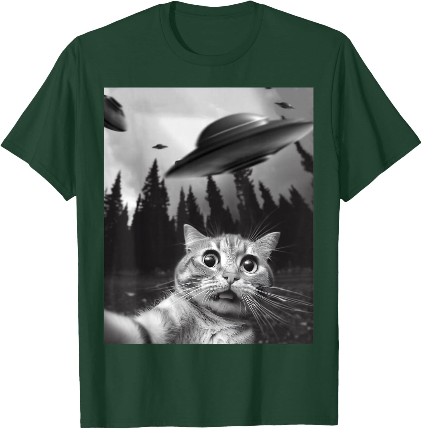 Funny Cat Selfie with UFOs T-Shirt - T-Shirt | Forest