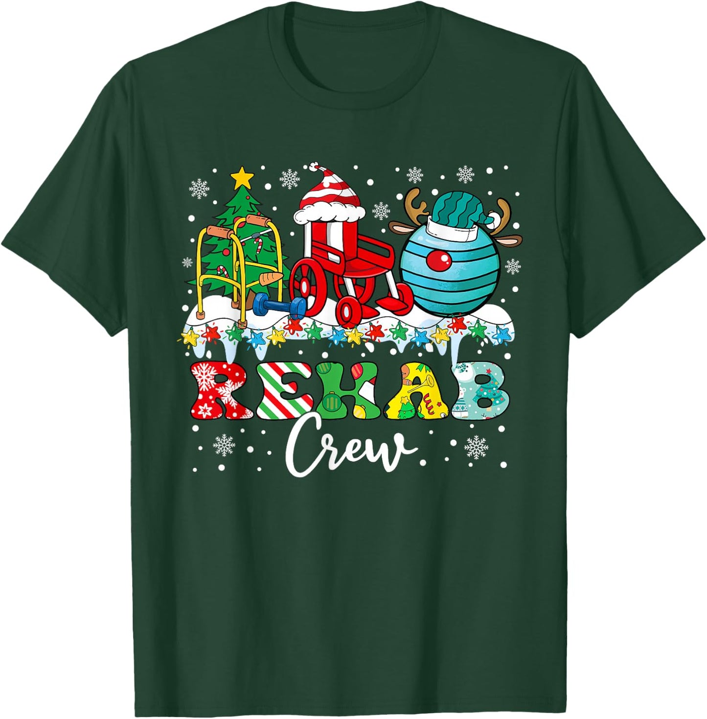 Rehab Crew Wheelchair Santa Reindeer Rehab Nurse Christmas T-Shirt - T-Shirt | Forest