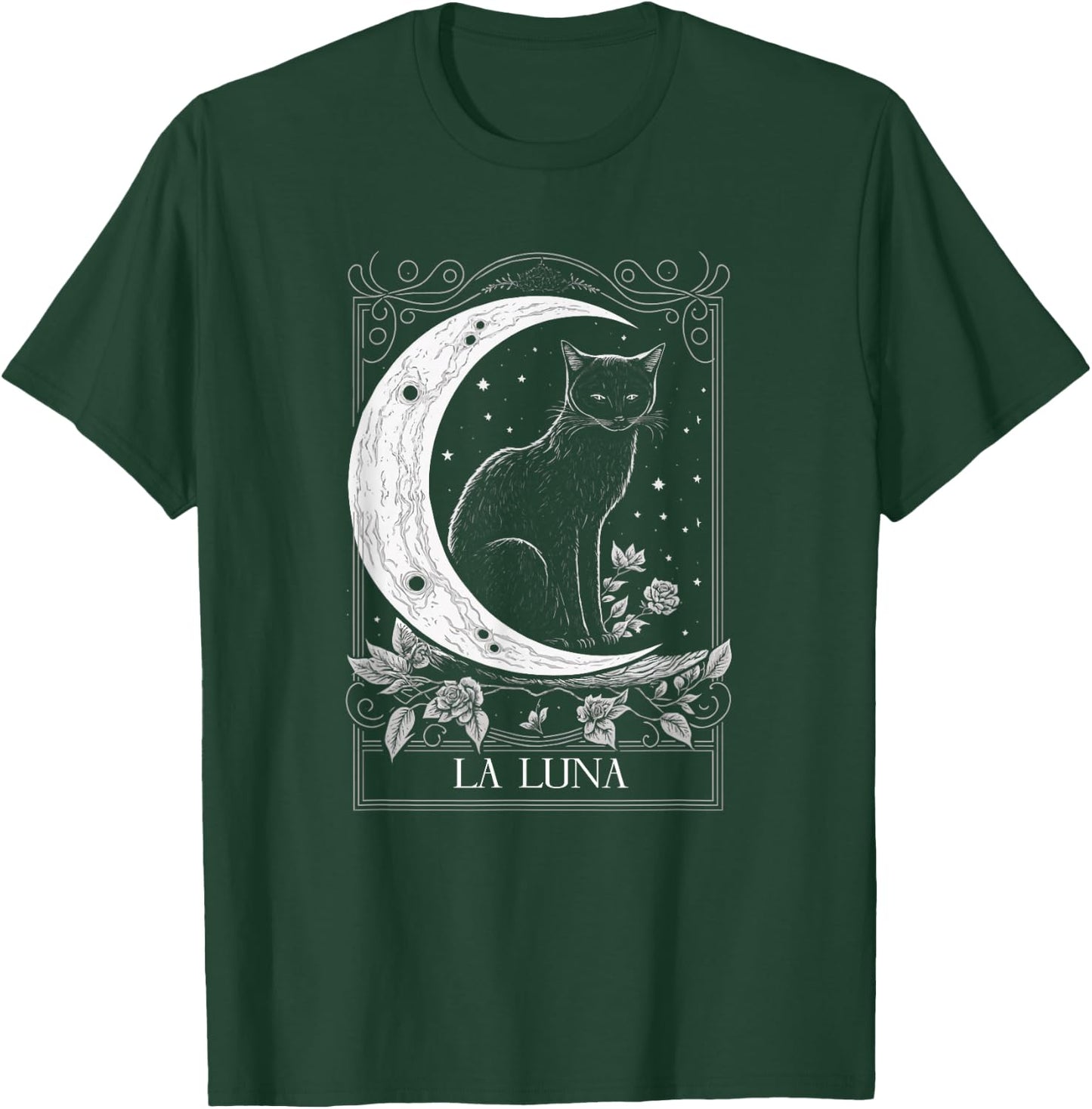 Cat and Crescent Moon Tarot Card Graphic T-Shirt - T-Shirt | Forest
