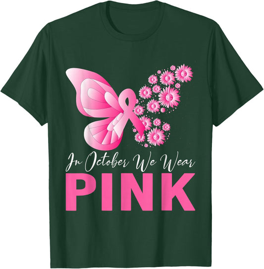 In October We Wear Pink Butterfly Breast Cancer Awareness T-Shirt - T-Shirt | Forest