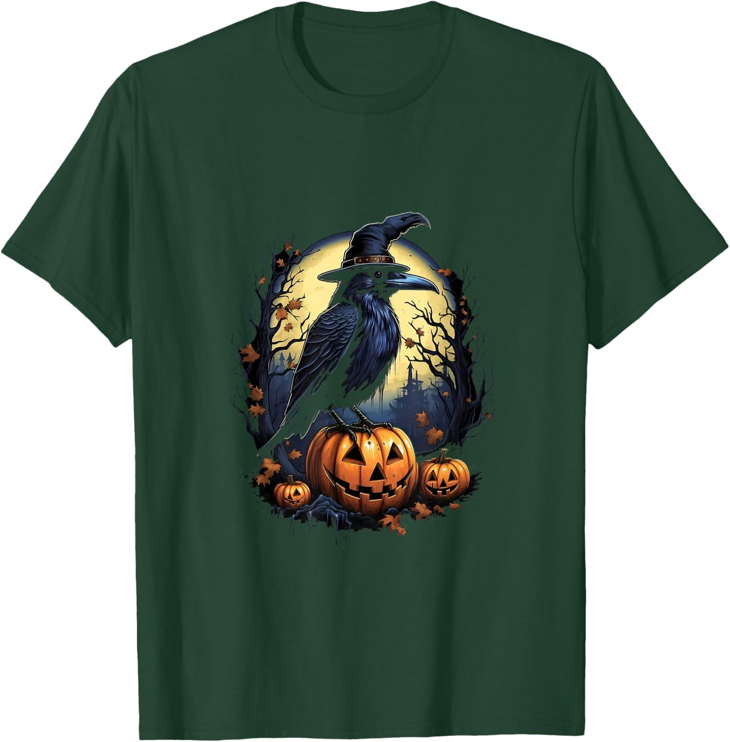 Crow Bird Witch Hat Pumpkins Halloween Costume T-Shirt - T-Shirt | Forest