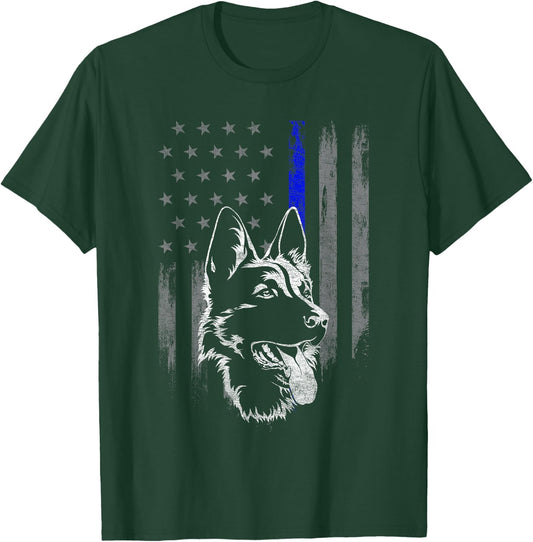 American Flag Thin Blue Line Flag German Shepherd Police T-Shirt - T-Shirt | Forest
