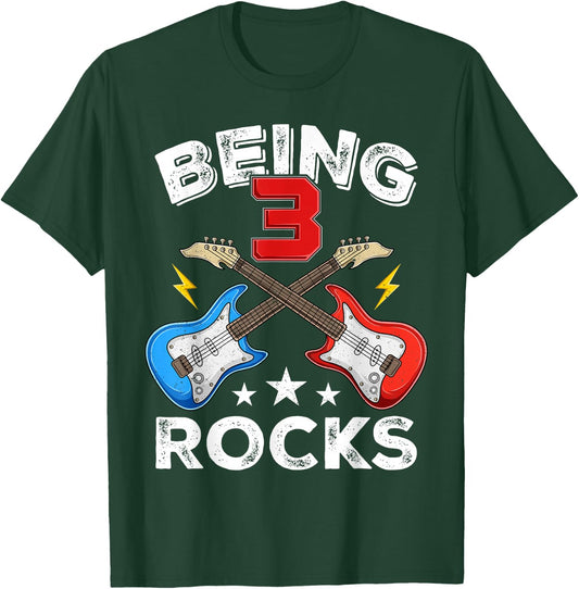 Being 3 Rocks Guitar Three Year Old Cool 3rd Birthday Kids T-Shirt - T-Shirt | Forest