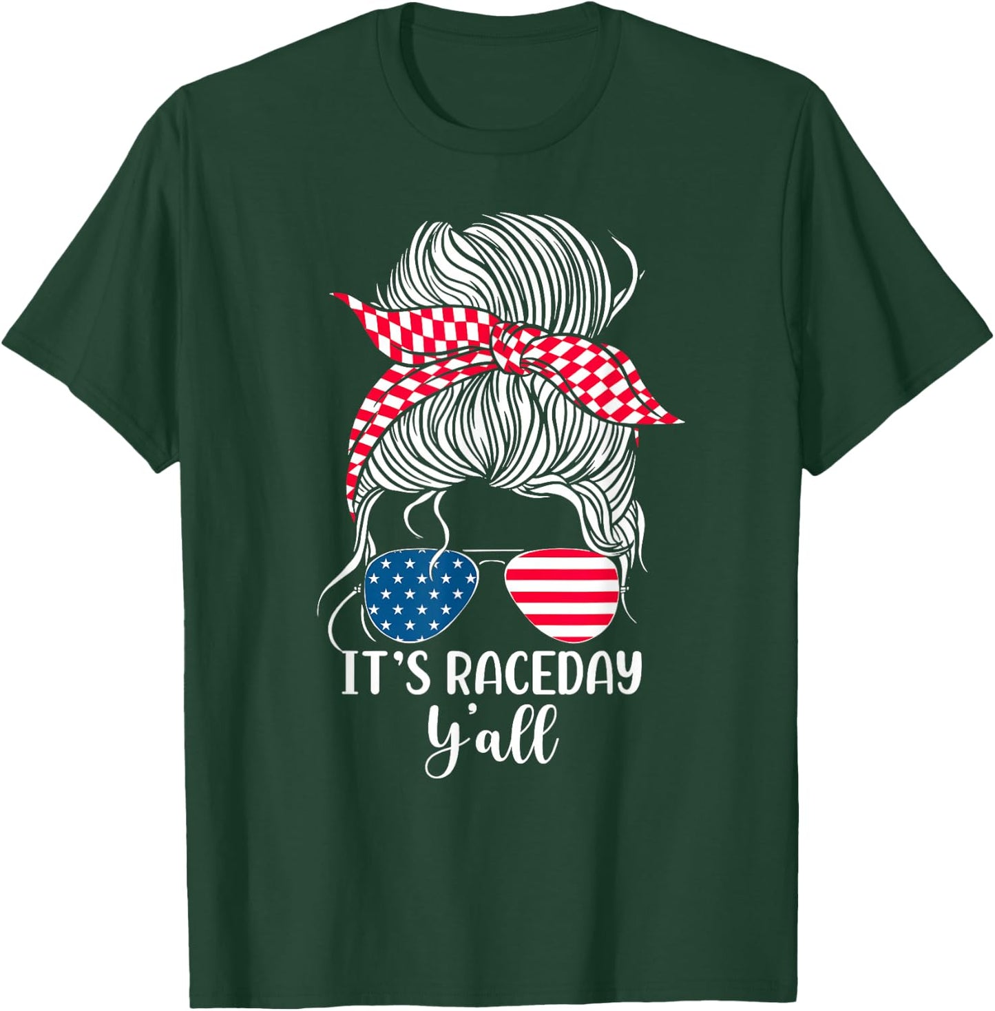 Dirt Track Racing Race Girl USA American Flag Glasses Bun T-Shirt - T-Shirt | Forest