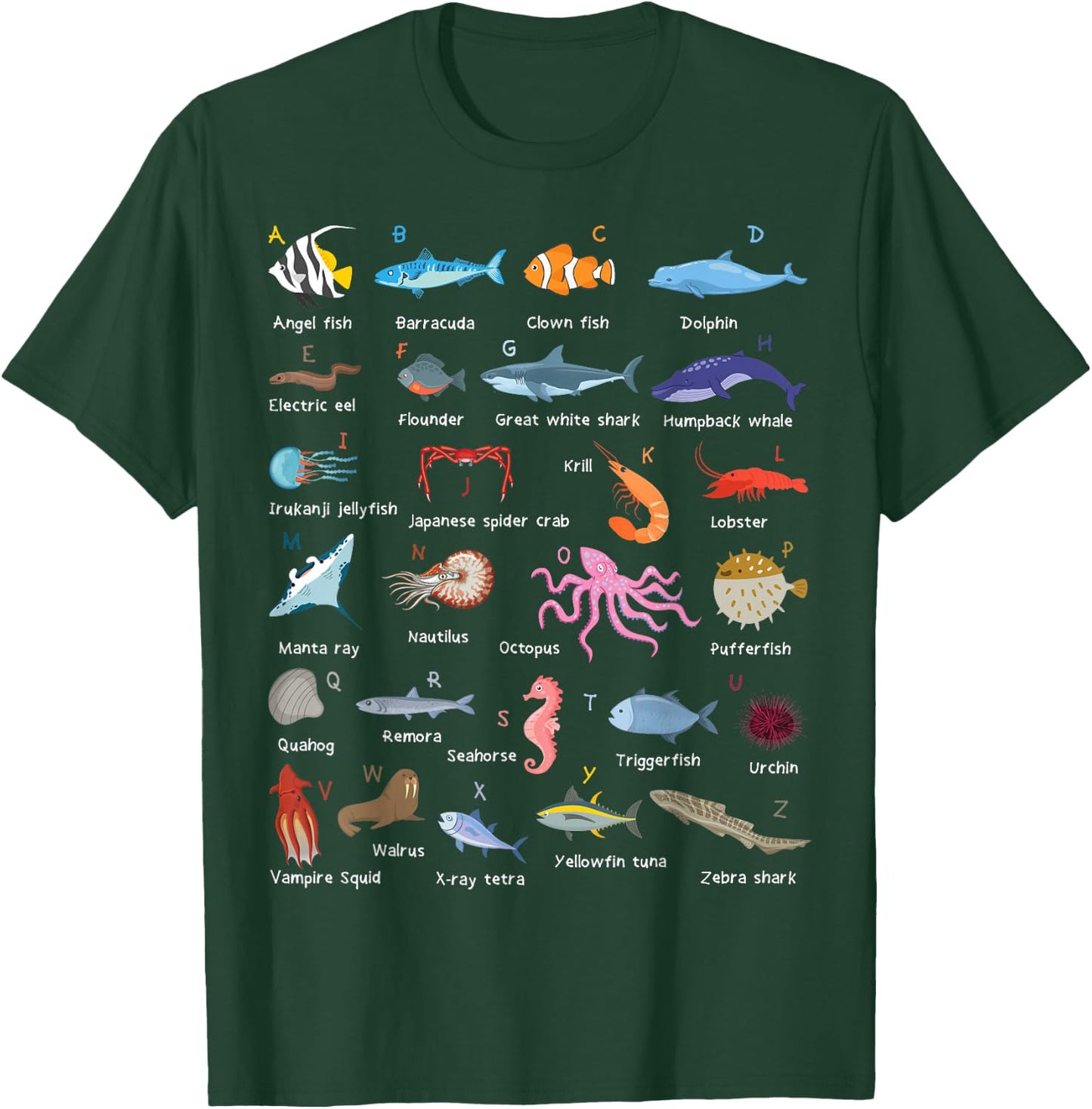 A-Z Ocean Life Exploration - Sea Creatures Alphabet T-Shirt - T-Shirt | Forest