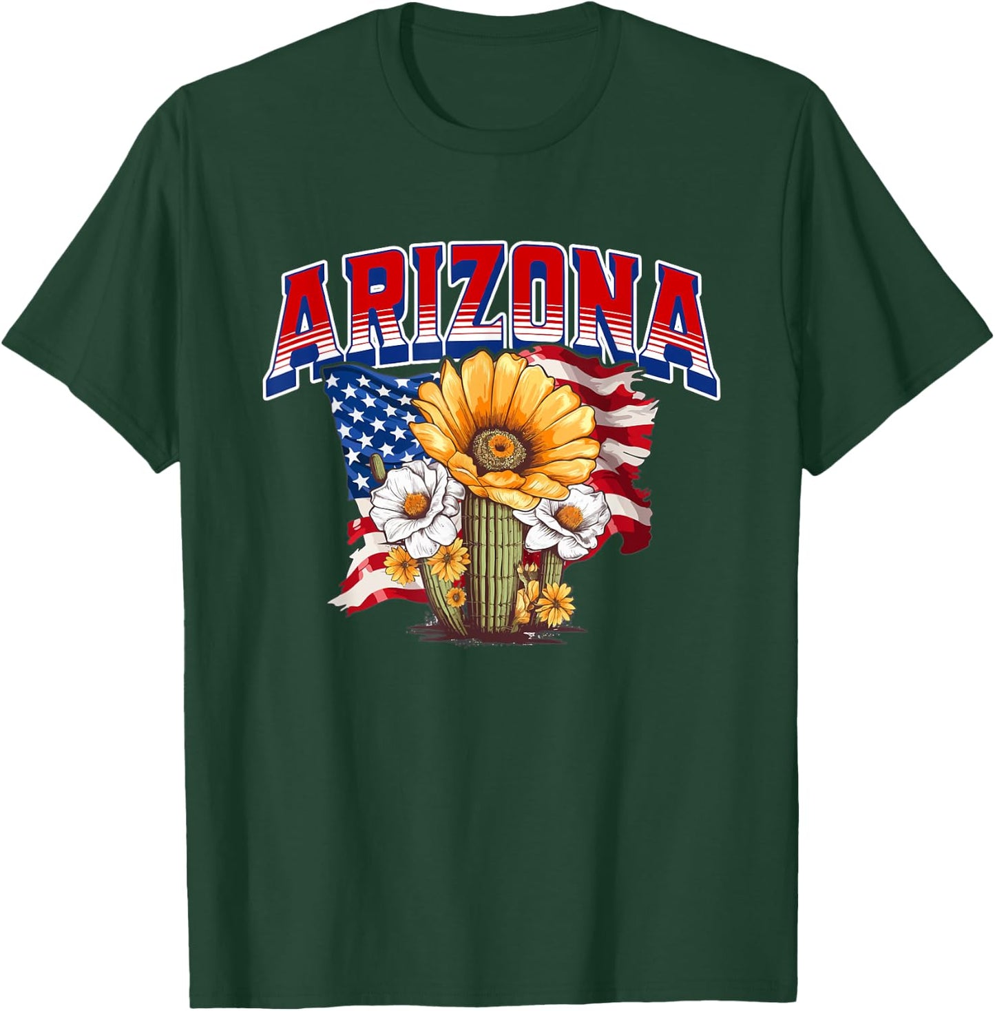 Arizona Flower Saguaro Cactus Blossom US Flag Red White Blue T-Shirt - T-Shirt | Forest