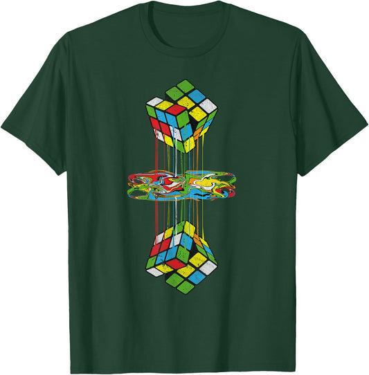 Vintage Melting Cube Refection Graphic Math Speedcubing T-Shirt - T-Shirt | Forest