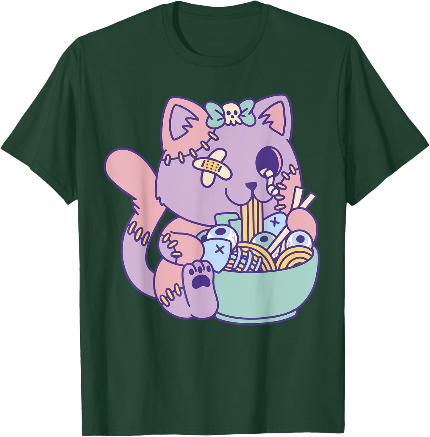 Cute Pastel Kawaii Zombie Cat Eating Ramen Halloween 2023 T-Shirt - T-Shirt | Forest