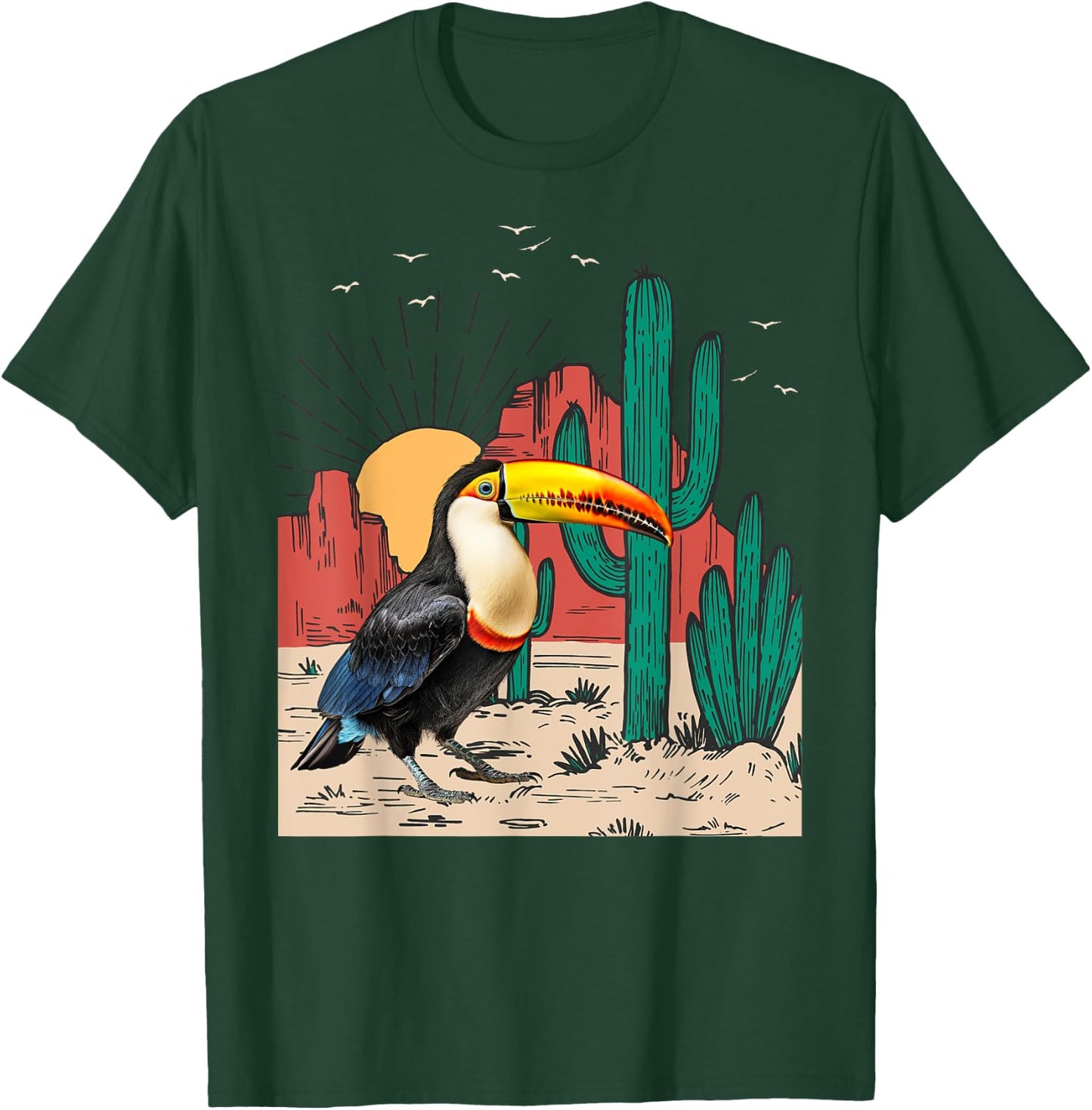 Toucans Birds Vintage Sunset Mountain Cactus Desert Toucan T-Shirt - T-Shirt | Forest