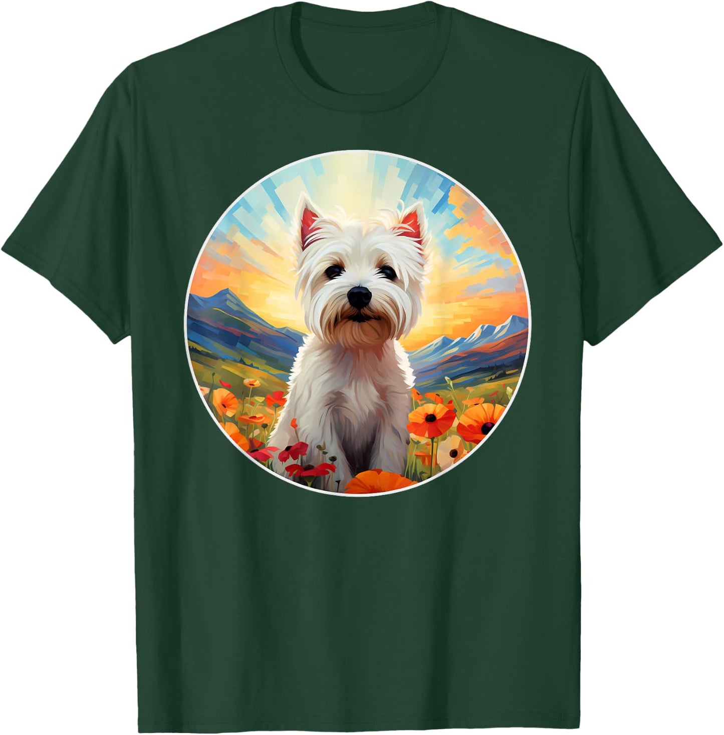 Cute West Highland Terrier Westie Flower Mountain Sunset Dog Men Women Girls Kids T-Shirt - T-Shirt | Forest