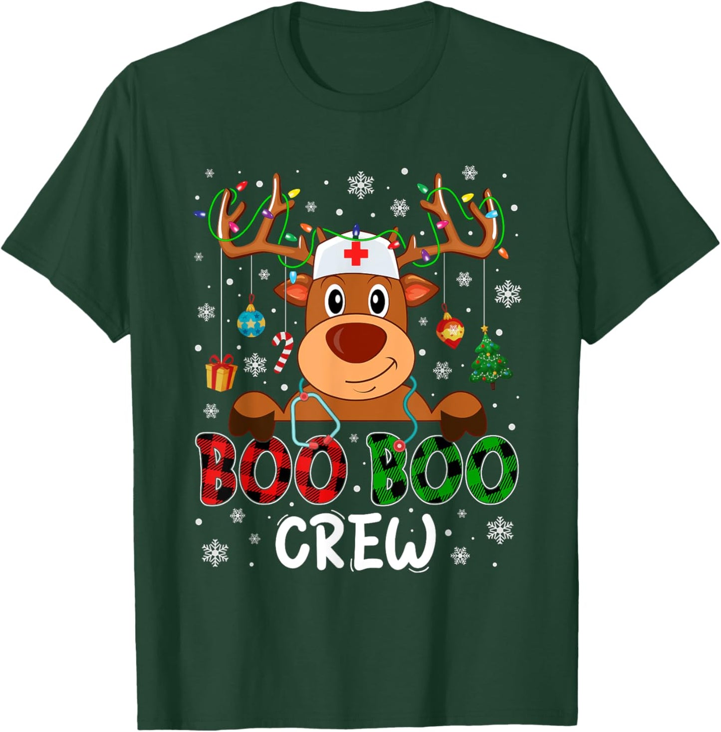 Reindeer Boo Boo Crew Nurse Buffalo Plaid Christmas Nurse T-Shirt - T-Shirt | Forest