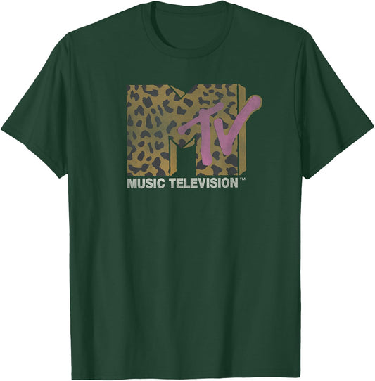 MTV Music Television Leopard Pattern Distressed Classic Logo T-Shirt - T-Shirt | Forest