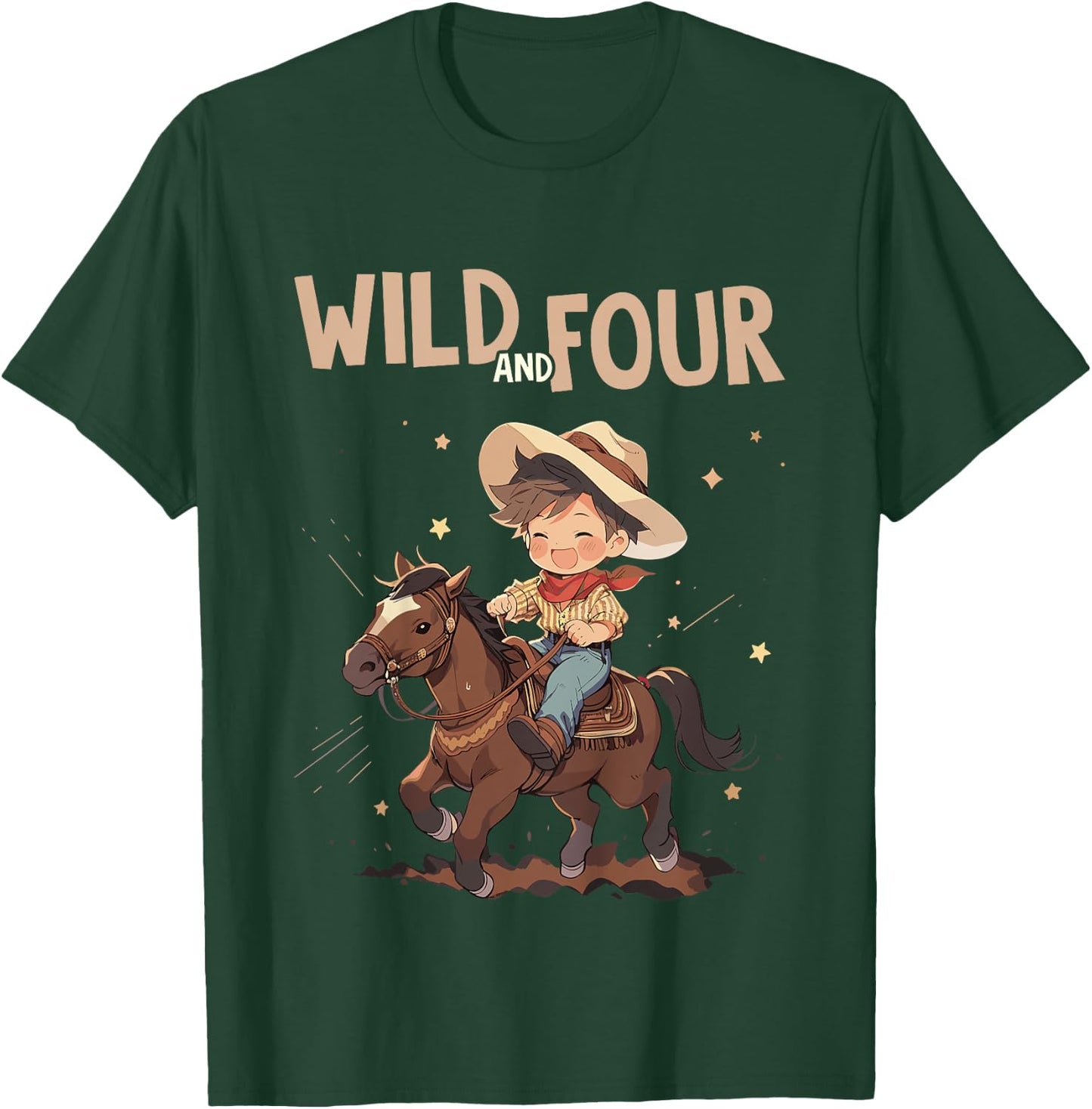 Kids 4th Birthday Cute Little Cowboy Western - Wild and Four T-Shirt - T-Shirt | Forest