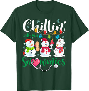 Chillin With My Snowmies Nurse Stethoscope Light Christmas T-Shirt - T-Shirt | Forest