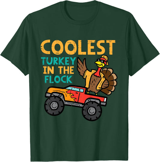 Kids Thanksgiving Monster Truck Coolest Turkey Flock Toddler Boys T-Shirt - T-Shirt | Forest