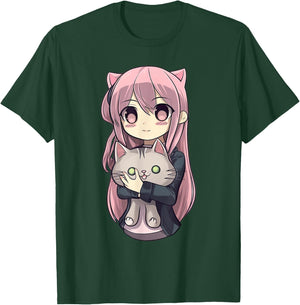 Anime and Cats Kawaii Cute Teen Otaku Girl with Cat T-Shirt - T-Shirt | Forest