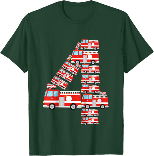 Kids Fire Truck 4th Birthday Boy 4 Year Old Firefighter T-Shirt - T-Shirt | Forest