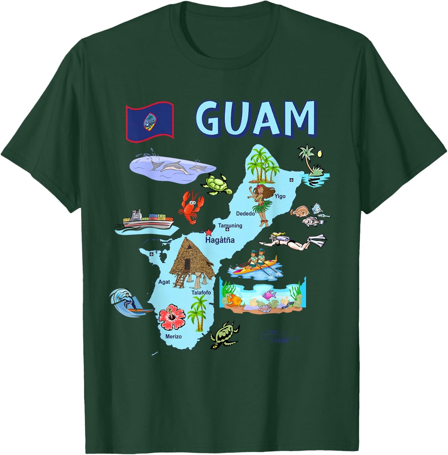 Tourist attractions map of Guam, major cities, flag, USA T-Shirt - T-Shirt | Forest