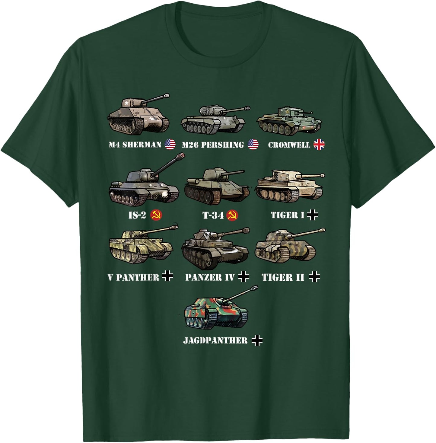 WW2 Tanks M4 Sherman Panzer IV Tiger II T-34 History Buff T-Shirt - T-Shirt | Forest