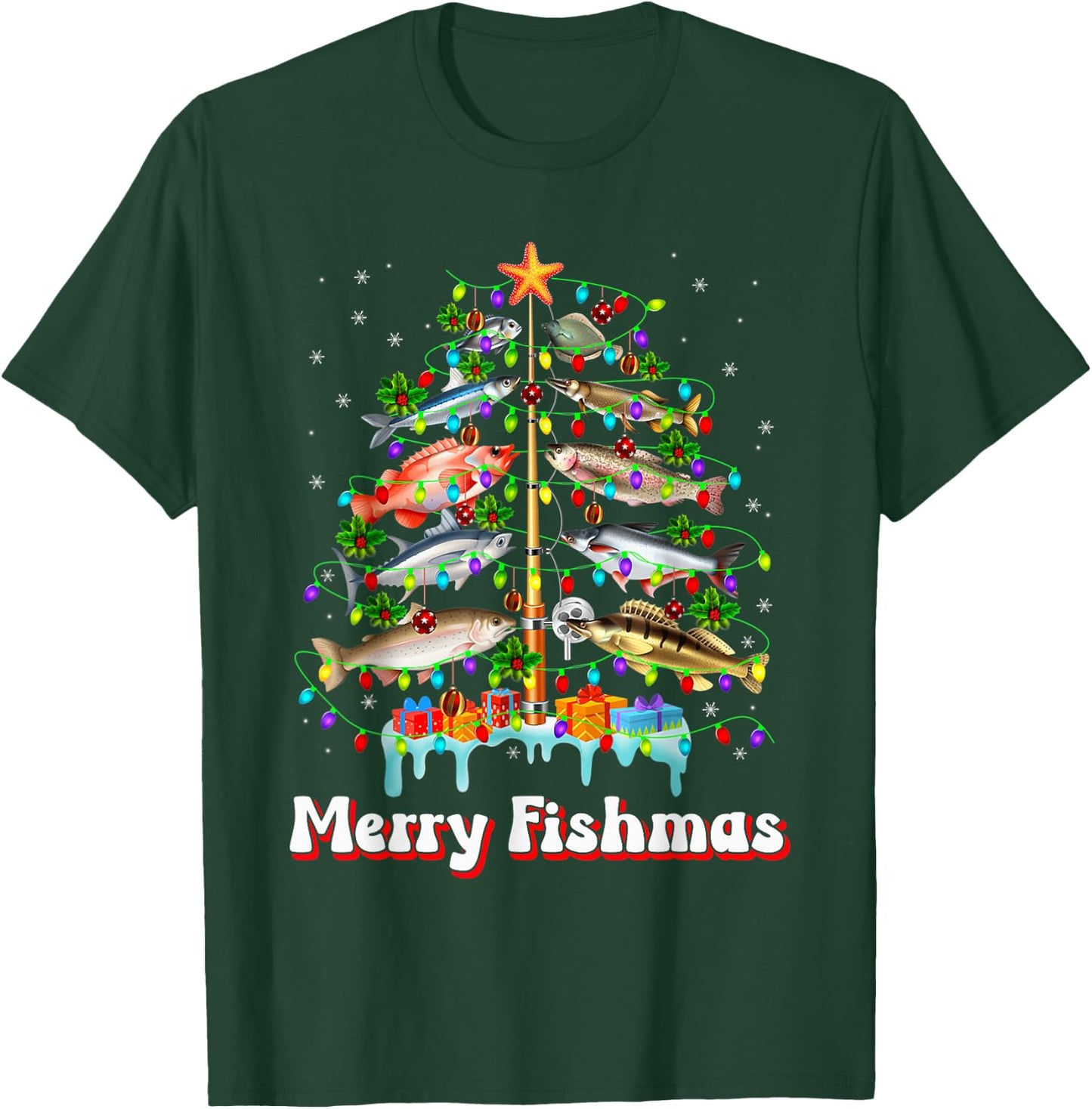 Merry Fishmas Christmas Tree Funny Fish Fishing Fisherman T-Shirt - T-Shirt | Forest