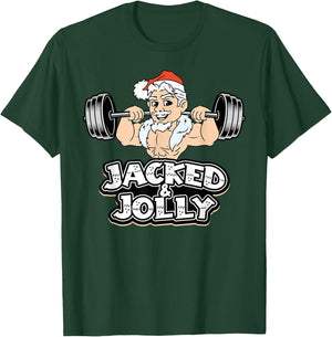 Jacked And Jolly Christmas Gym Workout Santa Lifting Funny T-Shirt - T-Shirt | Forest