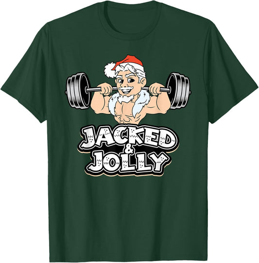 Jacked And Jolly Christmas Gym Workout Santa Lifting Funny T-Shirt - T-Shirt | Forest