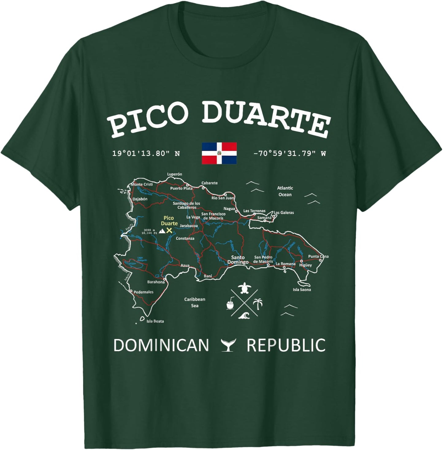 PICO DUARTE Dominican Republic Flag Map GPS Coordinates T-Shirt - T-Shirt | Forest