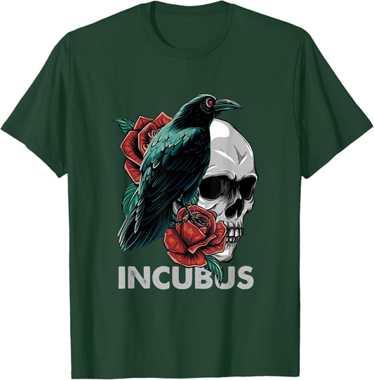 Halloween Graphic Incubus-Crow Left Skull Morning And Flower T-Shirt - T-Shirt | Forest