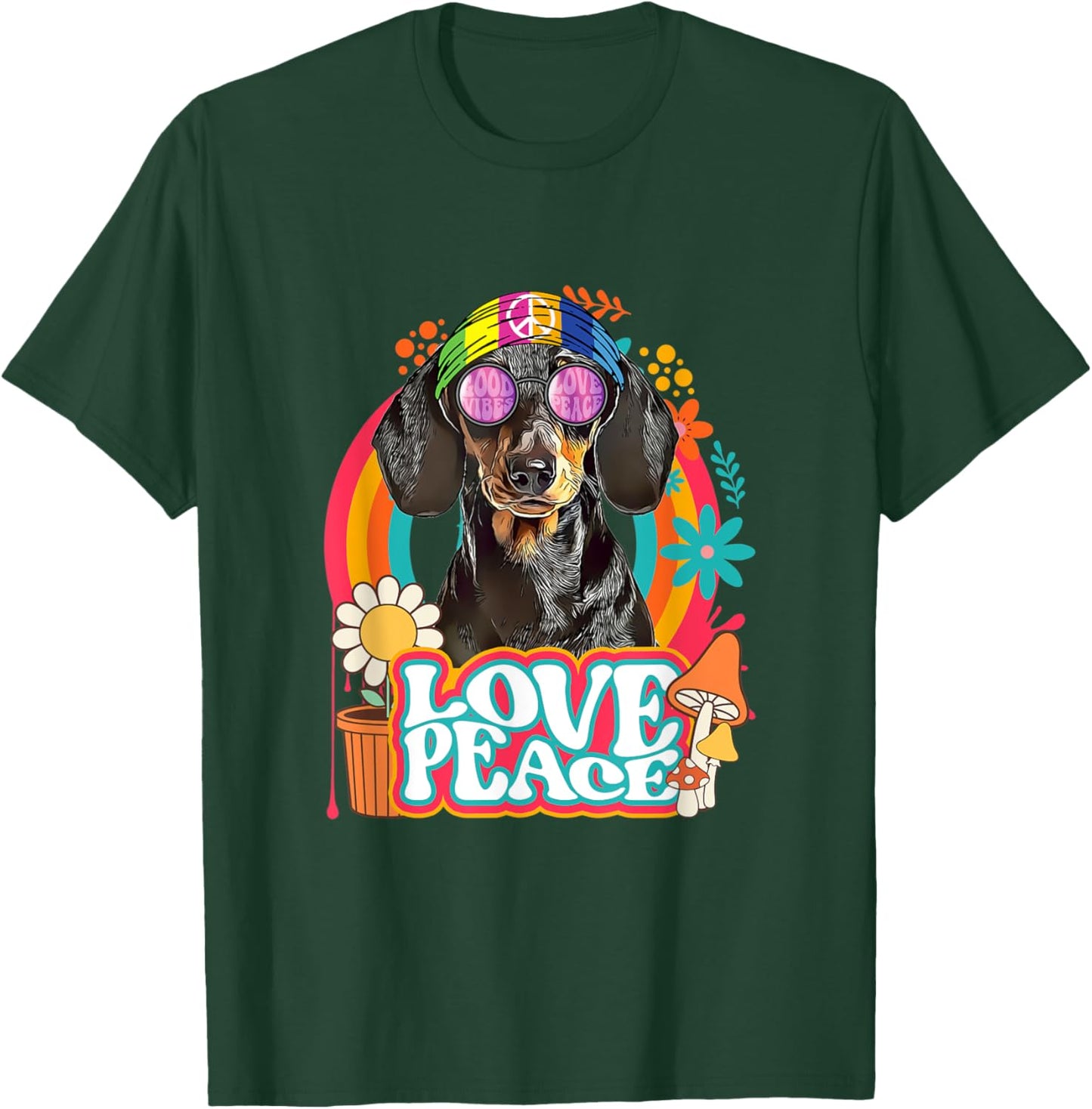 Hippie Dachshund Dog Retro 60s 70s Peace Sign Love T-Shirt - T-Shirt | Forest
